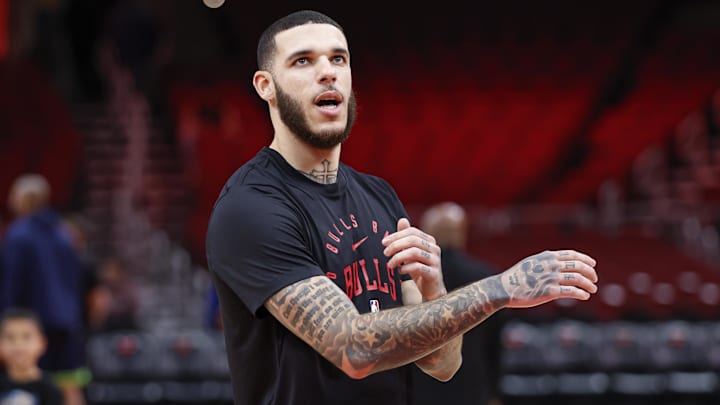 Oct 16, 2024; Chicago, Illinois, USA; Chicago Bulls guard Lonzo Ball (2) warms up before an NBA game against the Minnesota Timberwolves at United Center. Mandatory Credit: Kamil Krzaczynski-Imagn Images