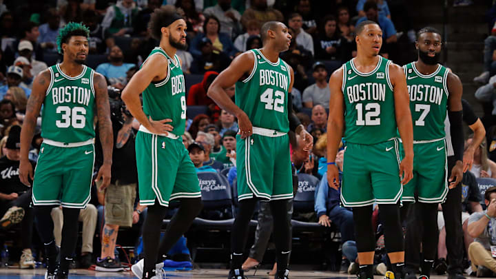 Nov 7, 2022; Memphis, Tennessee, USA; Boston Celtics guard Marcus Smart (36), guard Derrick White (9), center Al Horford (42), forward Grant Williams (12) and guard Jaylen Brown (7) during the second half against the Memphis Grizzlies at FedExForum. Mandatory Credit: Petre Thomas-Imagn Images Nov 7, 2022; Memphis, Tennessee, USA; Boston Celtics guard Marcus Smart (36), guard Derrick White (9), center Al Horford (42), forward Grant Williams (12) and guard Jaylen Brown (7) during the second half against the Memphis Grizzlies at FedExForum. Mandatory Credit: Petre Thomas-Imagn Images