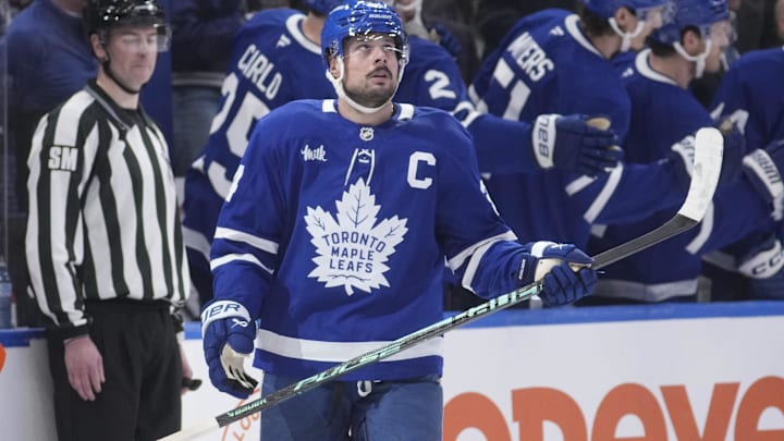 Mar 12, 2026; Toronto, Ontario, CAN; Toronto Maple Leafs forward Auston Matthews (34) looks up at the scoreboard after scoring against the Anaheim Ducks during the second period at Scotiabank Arena. Mandatory Credit: John E. Sokolowski-Imagn Images