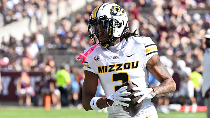 Oct 5, 2024; College Station, Texas, USA; Missouri Tigers wide receiver Luther Burden III (3) warms up prior to the against the Texas A&M Aggies at Kyle Field. Mandatory Credit: Maria Lysaker-Imagn Images. Oct 5, 2024; College Station, Texas, USA; Missouri Tigers wide receiver Luther Burden III (3) warms up prior to the against the Texas A&M Aggies at Kyle Field. Mandatory Credit: Maria Lysaker-Imagn Images.