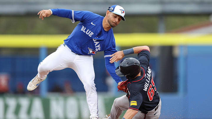 Mar 16, 2025: Atlanta Braves third baseman Luke Williams (65) is caught stealing by Toronto Blue Jays second baseman Andres Gimenez (0) in the sixth inning during spring training at TD Ballpark.