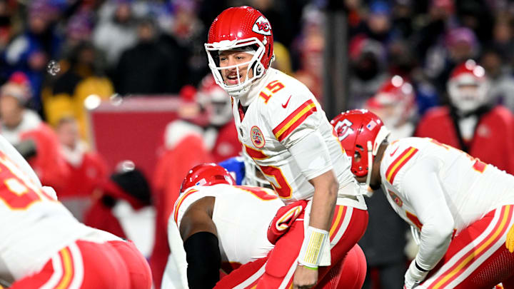 Jan 21, 2024; Orchard Park, New York, USA; Kansas City Chiefs quarterback Patrick Mahomes (15)