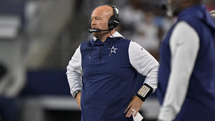 Aug 16, 2025; Arlington, Texas, USA; Dallas Cowboys defensive line coach Aaron Whitecotton during the game between the Dallas Cowboys and the Baltimore Ravens at AT&T Stadium. Mandatory Credit: Jerome Miron-Imagn Images