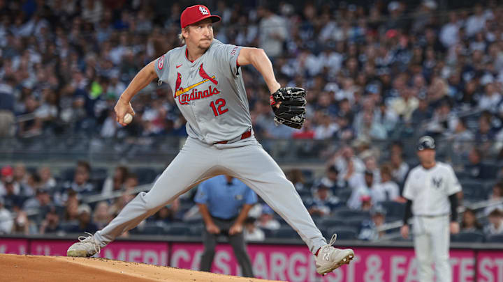Aug 30, 2024; Bronx, New York, USA; St. Louis Cardinals starting pitcher Erick Fedde (12) delivers a pitch during the first inning against the New York Yankees at Yankee Stadium. Mandatory Credit: Vincent Carchietta-Imagn Images