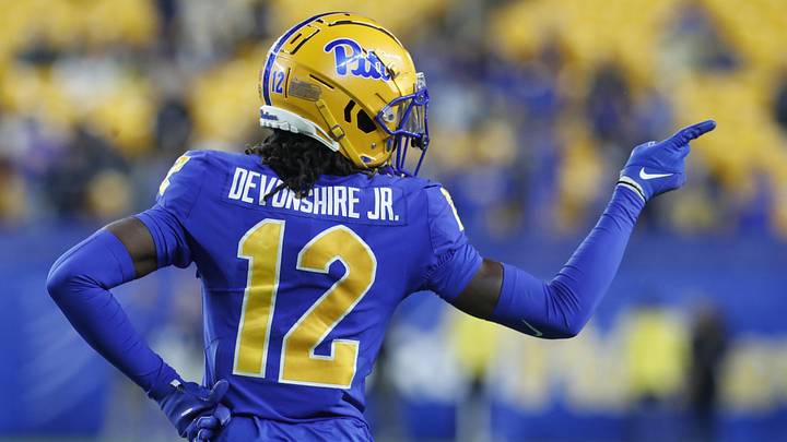 Nov 4, 2023; Pittsburgh, Pennsylvania, USA;  Pittsburgh Panthers defensive back M.J. Devonshire (12) gestures to the Florida State Seminoles bench during the fourth quarter at Acrisure Stadium. The Seminoles won 24-7. Mandatory Credit: Charles LeClaire-USA TODAY Sports