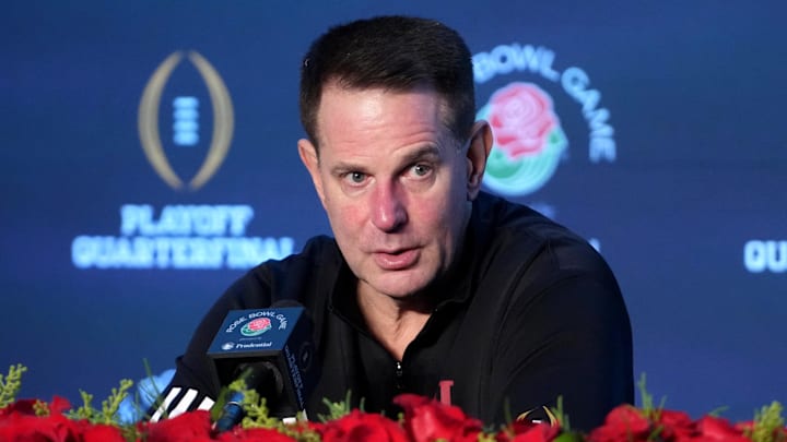 Indiana coach Curt Cignetti speaks in a press conference after defeating the Alabama Crimson Tide in the 2026 Rose Bowl and quarterfinal game of the College Football Playoff at Rose Bowl Stadium. Mandatory Credit: Kirby Lee-Imagn Images