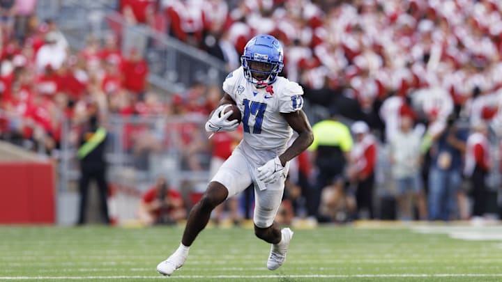 Sep 2, 2023; Madison, Wisconsin, USA;  Buffalo Bulls wide receiver Nik McMillan (17) during the game against the Wisconsin Badgers at Camp Randall Stadium. Mandatory Credit: Jeff Hanisch-Imagn Images