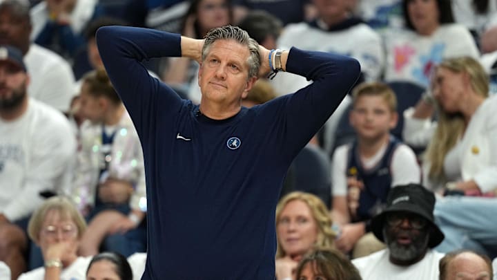 May 26, 2025; Minneapolis, Minnesota, USA;Minnesota Timberwolves head coach Chris Finch reacts against the Oklahoma City Thunder in the first half during game four of the western conference finals for the 2025 NBA Playoffs at Target Center. Mandatory Credit: Jesse Johnson-Imagn Images