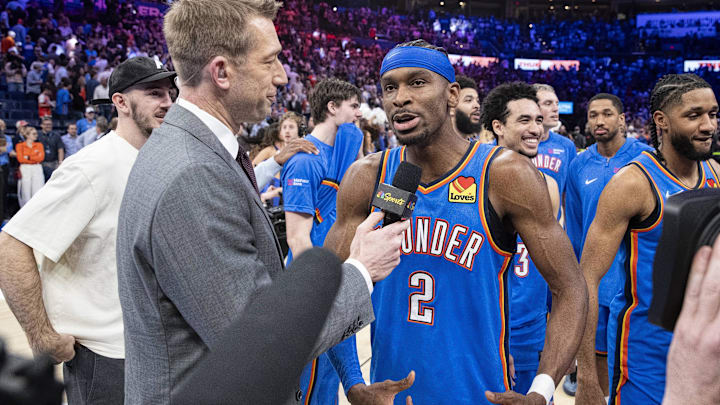 Mar 9, 2026; Oklahoma City, Oklahoma, USA; Oklahoma City Thunder guard Shai Gilgeous-Alexander (2) talks to the tv media after defeating the Denver Nuggets during the second half at Paycom Center. Mandatory Credit: Alonzo Adams-Imagn Images