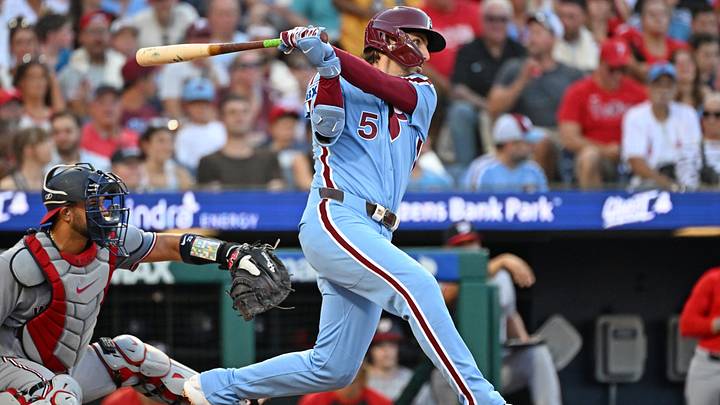 Aug 6, 2026; Philadelphia, Pennsylvania, USA; Philadelphia Phillies second baseman Bryson Stott (5) watches his RBI double during the third inning against the Washington Nationals at Citizens Bank Park. Mandatory Credit: Eric Hartline-Imagn Images