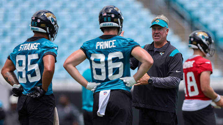 Jun 13, 2023; Jacksonville, Florida, USA;  Jacksonville Jaguars tight end Brendon Strange (85) and head coach Doug Pederson
