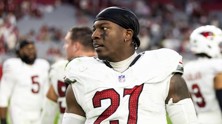 Dec 21, 2025; Glendale, Arizona, USA;  Arizona Cardinals linebacker Akeem Davis-Gaither (27) against the Atlanta Falcons at State Farm Stadium. Mandatory Credit: Mark J. Rebilas-Imagn Images