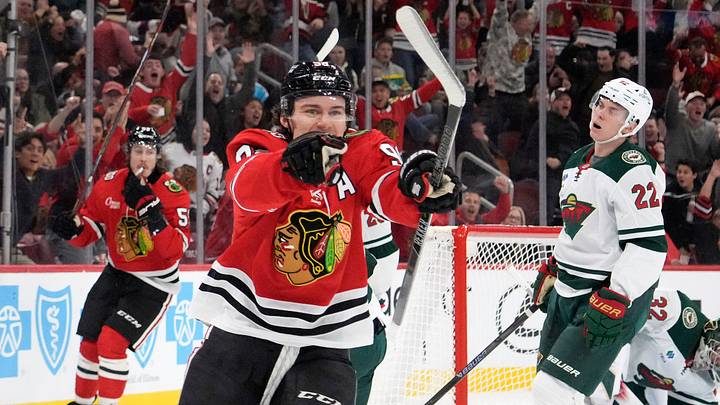 Nov 26, 2025; Chicago, Illinois, USA; Chicago Blackhawks center Connor Bedard (98) celebrates his gaol against the Minnesota Wild during the second period at United Center. Mandatory Credit: David Banks-Imagn Images