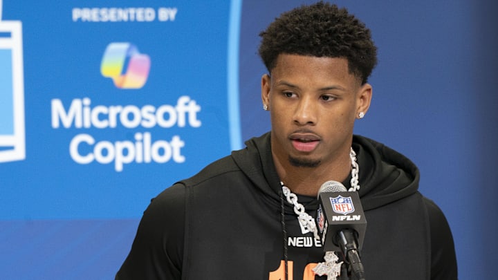 Texas wideout Matthew Golden speaks during a press conference at the NFL combine.