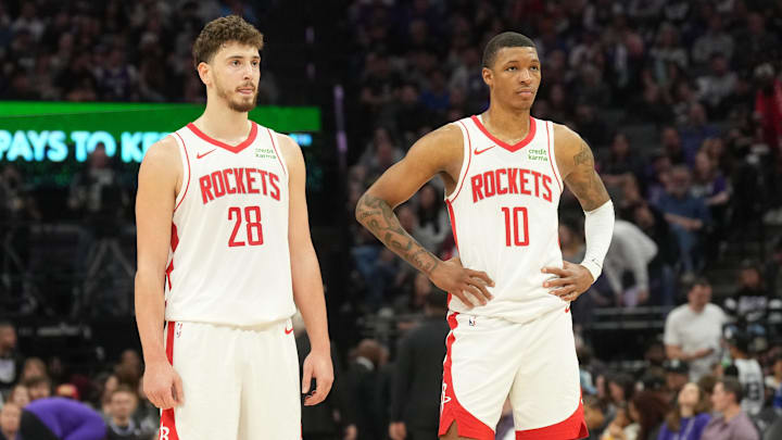Mar 10, 2024; Sacramento, California, USA; Houston Rockets center Alperen Sengun (28) and forward Jabari Smith Jr. (10) Mar 10, 2024; Sacramento, California, USA; Houston Rockets center Alperen Sengun (28) and forward Jabari Smith Jr. (10)