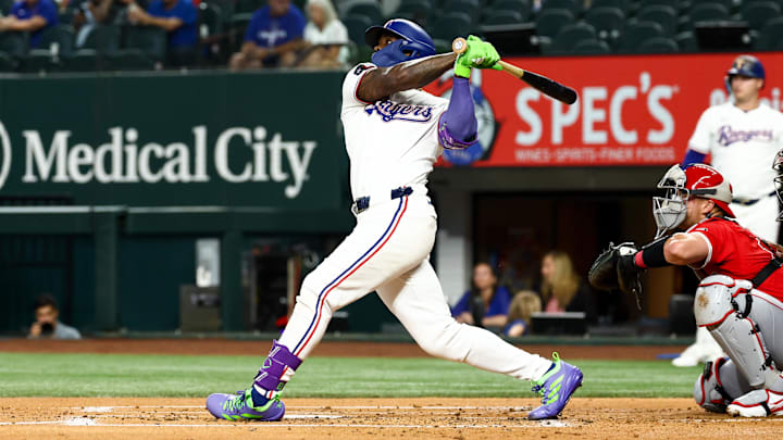Aug 27, 2025; Arlington, Texas, USA; Texas Rangers right fielder Adolis Garcia (53) hits a three-run home run during the first inning against the Los Angeles Angels at Globe Life Field. Mandatory Credit: Kevin Jairaj-Imagn Images Aug 27, 2025; Arlington, Texas, USA; Texas Rangers right fielder Adolis Garcia (53) hits a three-run home run during the first inning against the Los Angeles Angels at Globe Life Field. Mandatory Credit: Kevin Jairaj-Imagn Images