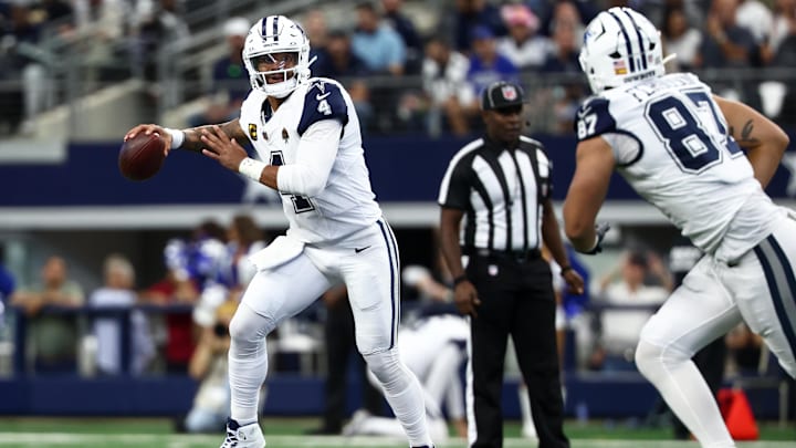 Dallas Cowboys quarterback Dak Prescott passes the ball against the Washington Commanders. Dallas Cowboys quarterback Dak Prescott passes the ball against the Washington Commanders.