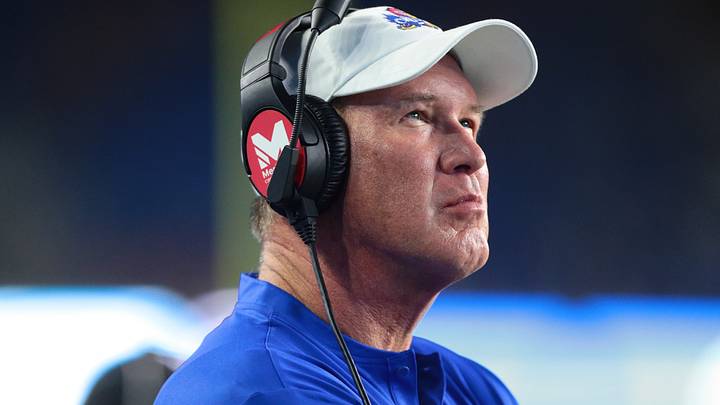 Kansas Jayhawks head coach Lance Leipold looks towards the screen during the game against LIU Sharks inside David Booth Kansas Memorial Stadium on Sept. 4, 2026. Kansas Jayhawks head coach Lance Leipold looks towards the screen during the game against LIU Sharks inside David Booth Kansas Memorial Stadium on Sept. 4, 2026.