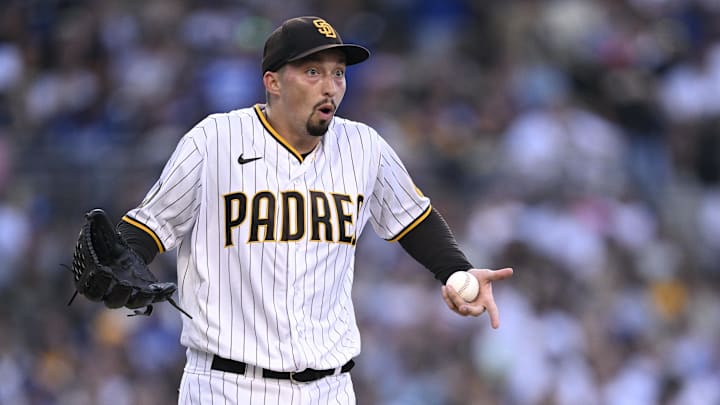 San Diego Padres starting pitcher Blake Snell (4) reacts