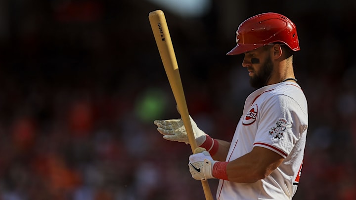 May 5, 2024; Cincinnati, Ohio, USA; Cincinnati Reds designated hitter Nick Martini (23) prepares to bat in the fifth inning against the Baltimore Orioles at Great American Ball Park.