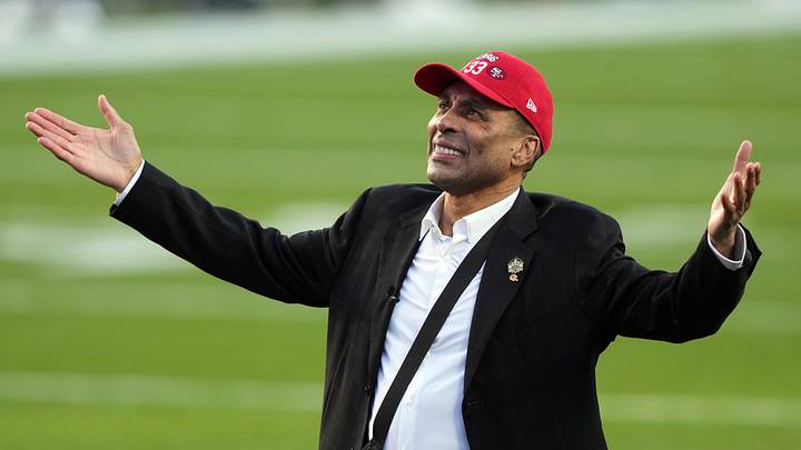 Feb 8, 2026; Santa Clara, CA, USA; San Francisco 49ers former player Roger Craig stands on the field before the start of the second quarter in Super Bowl LX between the New England Patriots and the Seattle Seahawks at Levi's Stadium. Mandatory Credit: Darren Yamashita-Imagn Images