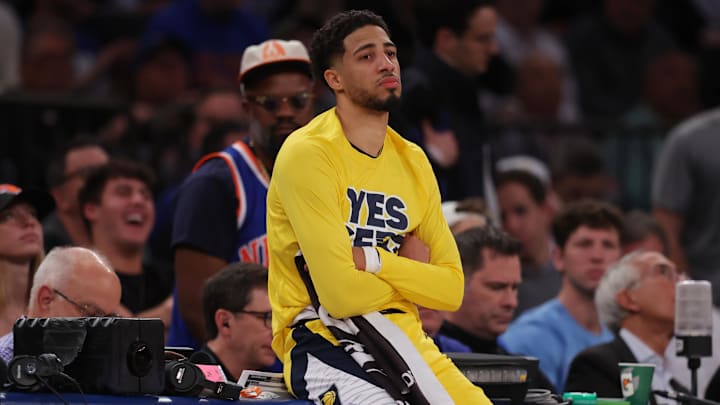 iMay 21, 2025; New York, New York, USA; Indiana Pacers guard Tyrese Haliburton (0) looks on in the third quarter against the New York Knicks during game one of the eastern conference finals for the 2025 NBA Playoffs at Madison Square Garden. Mandatory Credit: Brad Penner-Imagn Images