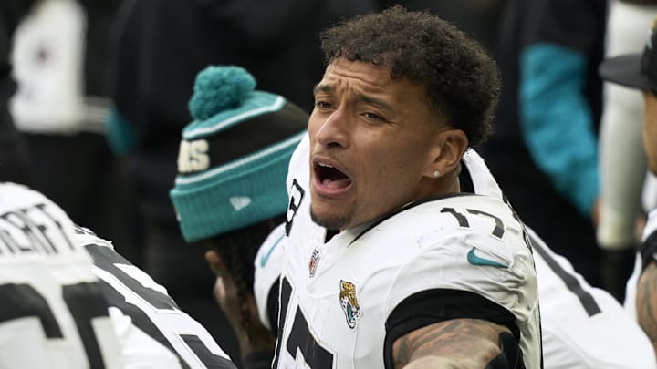 Oct 13, 2024; London, United Kingdom;  Jacksonville Jaguars tight end Evan Engram (17) during the second half of an NFL International Series game at Tottenham Hotspur Stadium. 