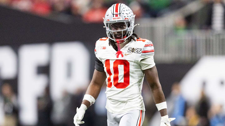 Jan 20, 2025; Atlanta, GA, USA; Ohio State Buckeyes cornerback Denzel Burke (10) against the Notre Dame Fighting Irish during the CFP National Championship college football game at Mercedes-Benz Stadium. Mandatory Credit: Mark J. Rebilas-Imagn Images