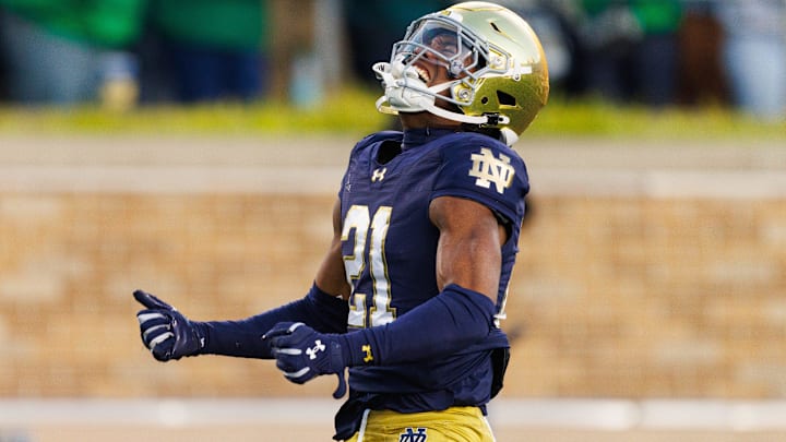 Notre Dame cornerback Karson Hobbs celebrates after intercepting a pass in the second half of a NCAA football game against NC State at Notre Dame Stadium on Saturday, Oct. 11, 2025, in South Bend. Notre Dame cornerback Karson Hobbs celebrates after intercepting a pass in the second half of a NCAA football game against NC State at Notre Dame Stadium on Saturday, Oct. 11, 2025, in South Bend.