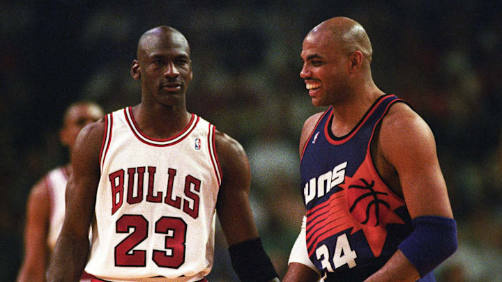 Bulls guard Michael Jordan and Suns forward Charles Barkley face off in the 1993 NBA Finals.
