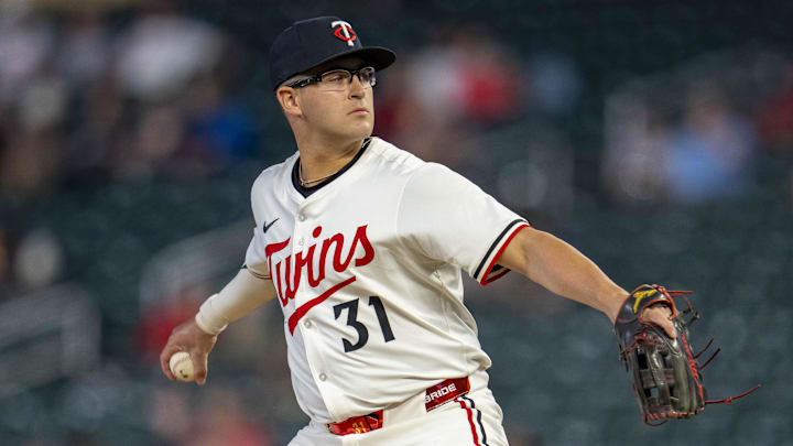 Jun 10, 2025; Minneapolis, Minnesota, USA; Minnesota Twins position player Jonah Bride (31) delivers a pitch against the Texas Rangers in the ninth inning at Target Field. Jun 10, 2025; Minneapolis, Minnesota, USA; Minnesota Twins position player Jonah Bride (31) delivers a pitch against the Texas Rangers in the ninth inning at Target Field.