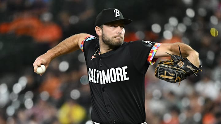 Aug 22, 2025; Baltimore, Maryland, USA; Baltimore Orioles pitcher Corbin Martin (48) throws a pitch during the eighth inning against the Houston Astros at Oriole Park at Camden Yards. Mandatory Credit: James A. Pittman-Imagn Images