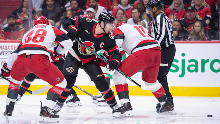 Apr 23, 2026; Ottawa, Ontario, CAN; Ottawa Senators left wing Brady Tkachuk (7) follows the puck after a faceoff in the first period against Carolina Hurricanes in game three of the first round of the 2026 Stanley Cup Playoffs at the Canadian Tire Centre. Mandatory Credit: Marc DesRosiers-Imagn