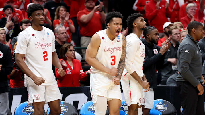 Mar 29, 2024; Dallas, TX, USA; Houston Cougars center Cedric Lath (2) and guard Ramon Walker Jr. (3) react on the bench during the second half in the semifinals of the South Regional of the 2024 NCAA Tournament against the Duke Blue Devils at American Airlines Center. 