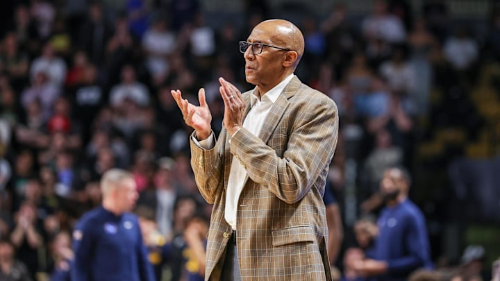 Feb 14, 2026; Orlando, Florida, USA; UCF Knights head coach Johnny Dawkins reacts during the first half against the West Virginia Mountaineers at Addition Financial Arena. Mandatory Credit: Mike Watters-Imagn Images