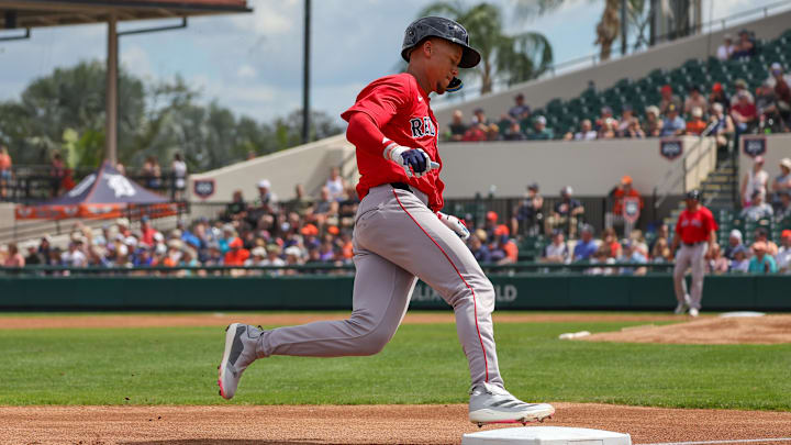 Feb 27, 2025; Lakeland, Florida, USA; Boston Red Sox second baseman Kristian Campbell (28) rounds third during the first inning against the Detroit Tigers at Publix Field at Joker Marchant Stadium. Mandatory Credit: Mike Watters-Imagn Images Feb 27, 2025; Lakeland, Florida, USA; Boston Red Sox second baseman Kristian Campbell (28) rounds third during the first inning against the Detroit Tigers at Publix Field at Joker Marchant Stadium. Mandatory Credit: Mike Watters-Imagn Images