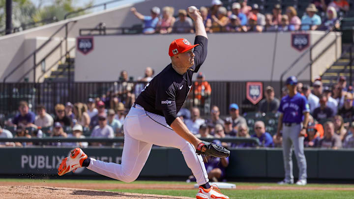 Mar 3, 2025; Lakeland, Florida, USA; Detroit Tigers pitcher Tarik Skubal (29) pitches during the first inning against the Toronto Blue Jays at Publix Field at Joker Marchant Stadium. 