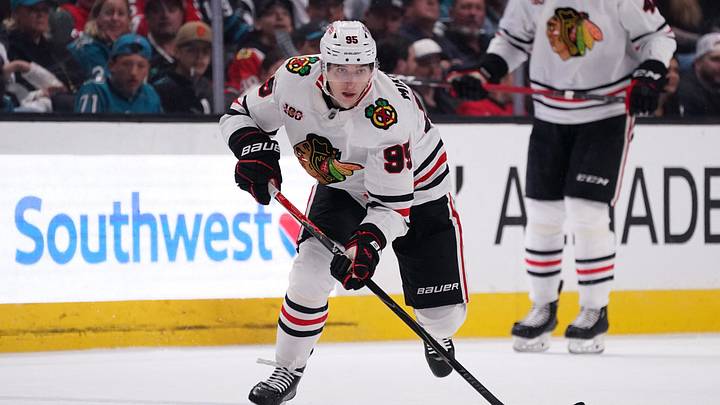 Apr 6, 2026; San Jose, California, USA;  Chicago Blackhawks right winger Ilya Mikheyev (95) controls the puck against the San Jose Sharks in the first period at SAP Center at San Jose. Mandatory Credit: David Gonzales-Imagn Images