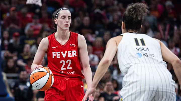 May 17, 2025; Indianapolis, Indiana, USA; Indiana Fever guard Caitlin Clark (22) dribbles the ball while Chicago Sky guard Kia Nurse (11) defends in the first half at Gainbridge Fieldhouse. Mandatory Credit: Trevor Ruszkowski-Imagn Images May 17, 2025; Indianapolis, Indiana, USA; Indiana Fever guard Caitlin Clark (22) dribbles the ball while Chicago Sky guard Kia Nurse (11) defends in the first half at Gainbridge Fieldhouse. Mandatory Credit: Trevor Ruszkowski-Imagn Images