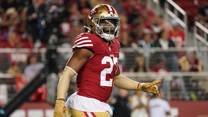 Sep 9, 2024; Santa Clara, California, USA; San Francisco 49ers safety Ji'Ayir Brown (27) waits for the New York Jets to snap the ball in the fourth quarter at Levi's Stadium. Mandatory Credit: David Gonzales-Imagn Images