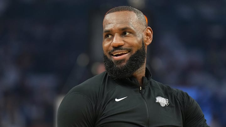 Dec 25, 2024; San Francisco, California, USA; Los Angeles Lakers forward LeBron James (23) before the game against the Golden State Warriors at Chase Center.