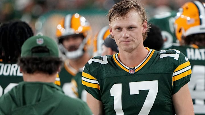 Former Green Bay Packers place kicker Anders Carlson (17) is shown during the third quarter of their preseason game against the New England Patriots Saturday.