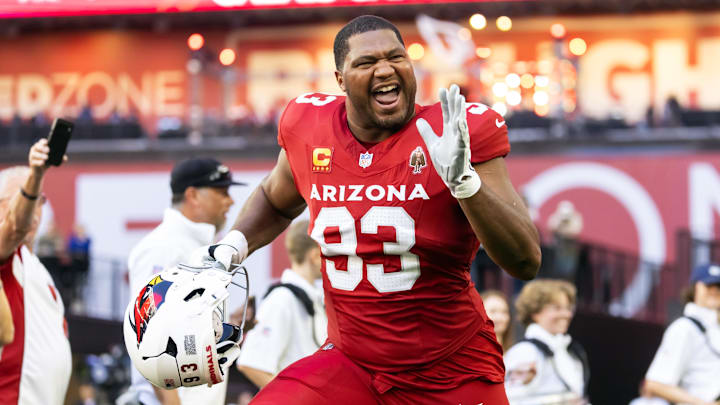 Dec 7, 2025; Glendale, Arizona, USA; Arizona Cardinals defensive end Calais Campbell (93) against the Los Angeles Rams at State Farm Stadium. Mandatory Credit: Mark J. Rebilas-Imagn Images