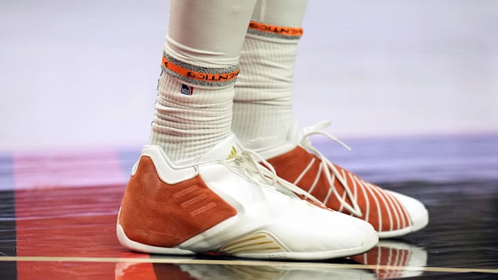Jan 19, 2024; Portland, Oregon, USA; A general view of the sneakers worn by Portland Trail Blazers small forward Jerami Grant (9) during the first half against the Indiana Pacers at Moda Center. Mandatory Credit: Soobum Im-Imagn Images
