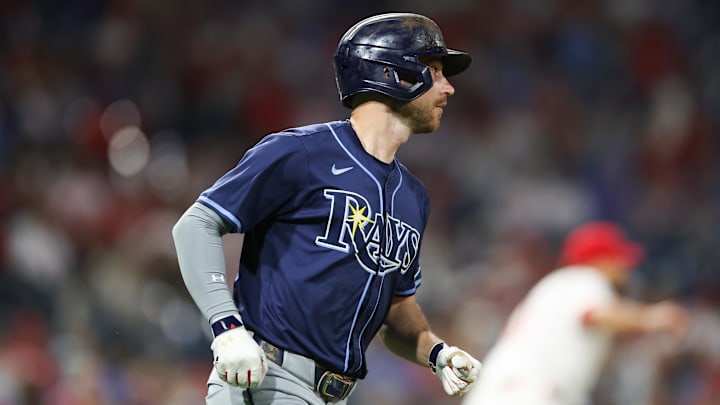 Sep 9, 2024; Philadelphia, Pennsylvania, USA; Tampa Bay Rays second base Brandon Lowe (8) runs the bases after hitting a home run during the ninth inning against the Philadelphia Phillies at Citizens Bank Park. Mandatory Credit: Bill Streicher-Imagn Images