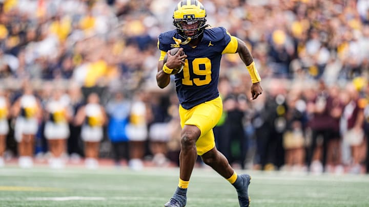 Michigan quarterback Bryce Underwood (19) runs against Central Michigan during the first half at Michigan Stadium in Ann Arbor on Saturday, Sept. 13, 2025.