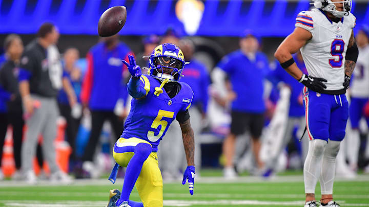 Dec 8, 2024; Inglewood, California, USA; Los Angeles Rams wide receiver Tutu Atwell (5) reacts after catching a pass for first down against the Buffalo Bills during the second half at SoFi Stadium. Mandatory Credit: Gary A. Vasquez-Imagn Images