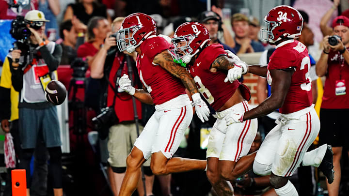 Sep 28, 2024; Tuscaloosa, Alabama, USA; Alabama Crimson Tide defensive back Domani Jackson (1) celebrates after making an interception during the first quarter against the Georgia Bulldogs at Bryant-Denny Stadium. 