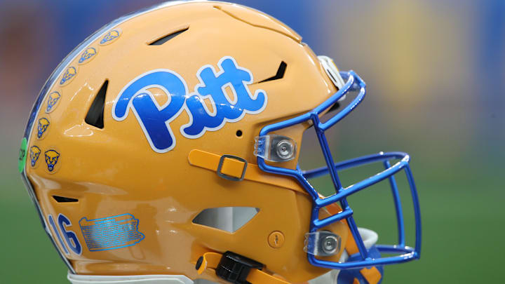 Nov 16, 2024; Pittsburgh, Pennsylvania, USA;  A Pittsburgh Panthers helmet on the sidelines against the Clemson Tigers during the fourth quarter at Acrisure Stadium. Mandatory Credit: Charles LeClaire-Imagn Images