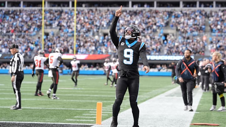Dec 21, 2025; Charlotte, North Carolina, USA; Carolina Panthers quarterback Bryce Young (9) celebrates after a play during the second half against the Tampa Bay Buccaneers at Bank of America Stadium. Mandatory Credit: Jim Dedmon-Imagn Images Dec 21, 2025; Charlotte, North Carolina, USA; Carolina Panthers quarterback Bryce Young (9) celebrates after a play during the second half against the Tampa Bay Buccaneers at Bank of America Stadium. Mandatory Credit: Jim Dedmon-Imagn Images